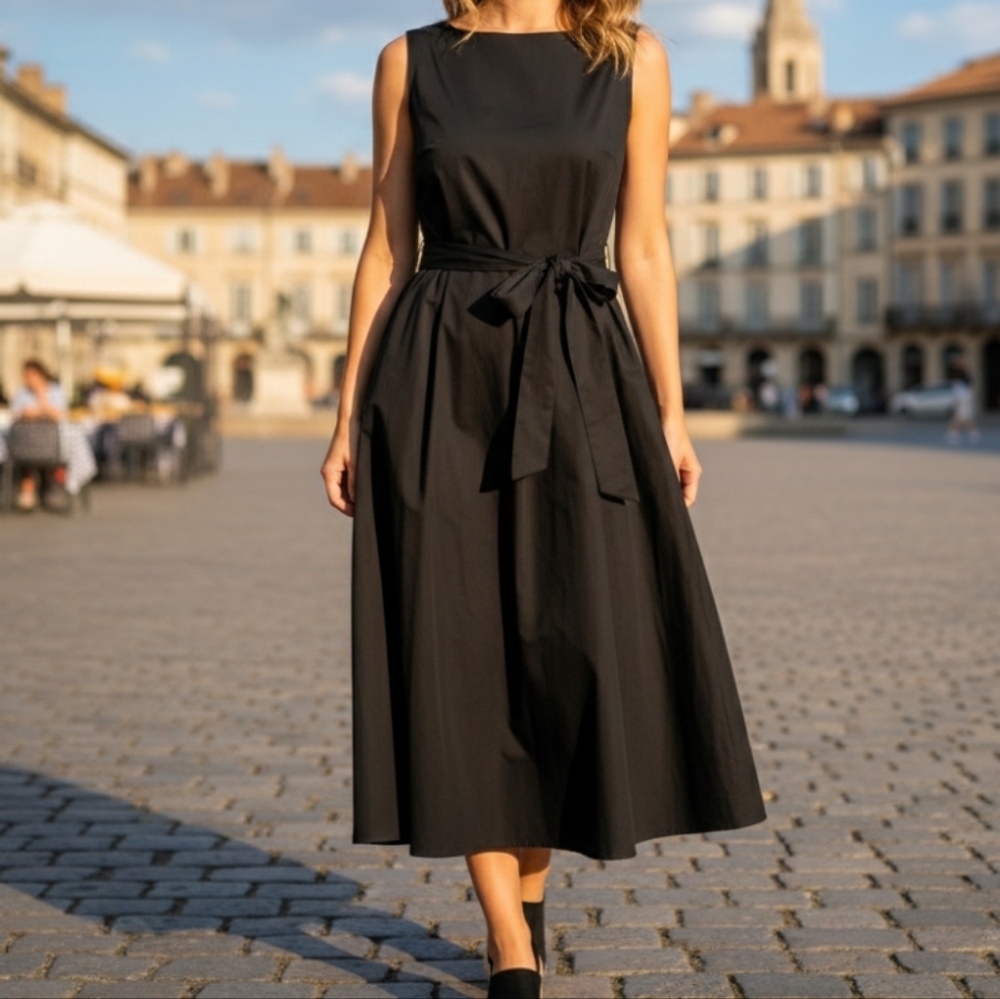 Alice+Olivia Brynlee Cotton Poplin Midi Dress Sz 10 Black Minimalist Cottagecore